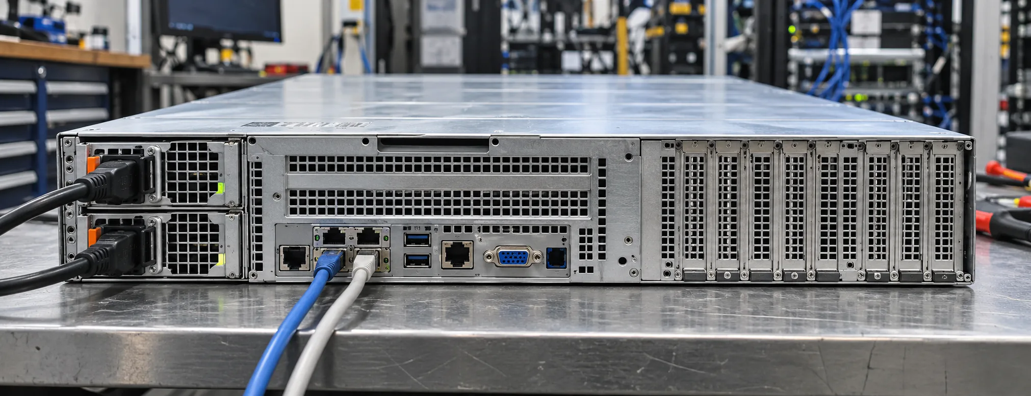 Rear service side of an enterprise rackmount server connected for integration testing on a working metal bench.