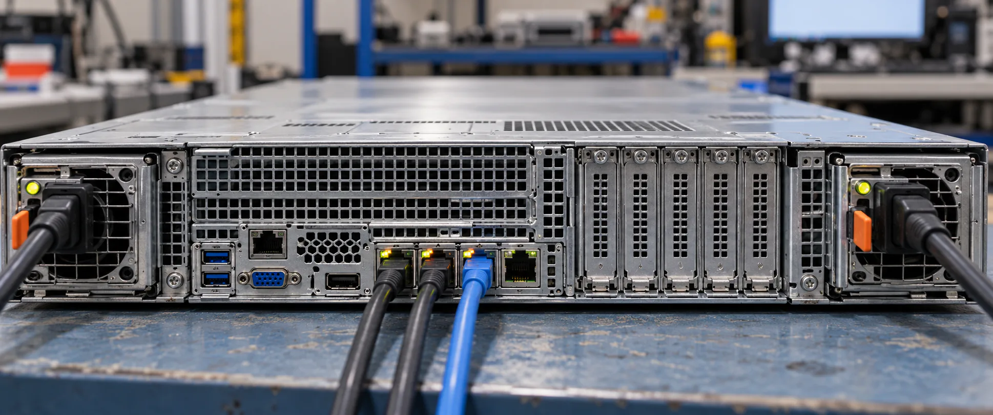 Rear I/O, vertical PCIe expansion slots, and test cables connected to an enterprise rackmount server on a working integration bench.
